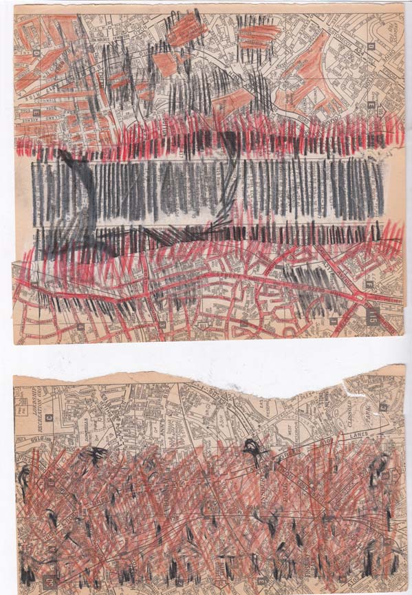 Two drawings, one with collage elements, at 'Altered Books'.