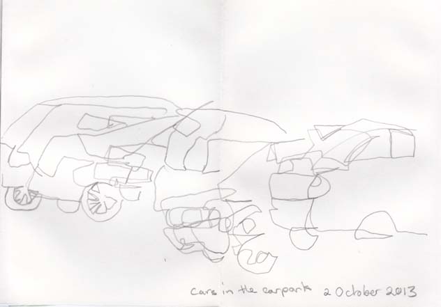 'Blind' drawing of a row of cars, 2 October 2013.
