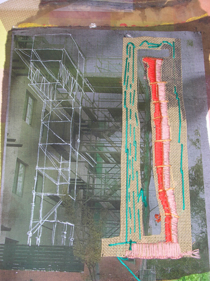 Photograph overlaid with mesh and embroidery.