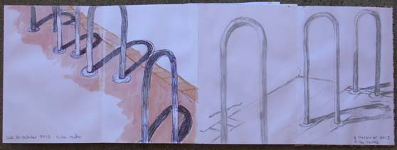Side by side, my bike rack drawings of 30 October and 6 November 2013.