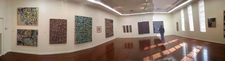 A panorama of Gallery 2 at the Roy Jackson retrospective, ANU Drill Hall Gallery.