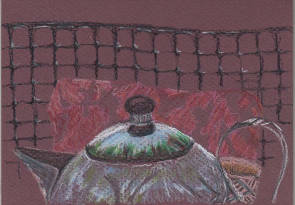 Teapot in the garden, coloured pencil on pastel paper, 12 January 2014.