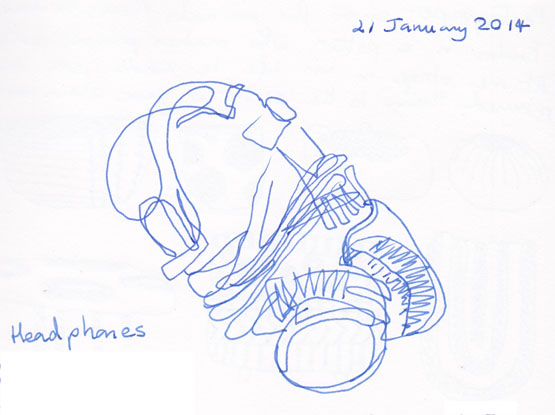 Headphones, ink, 21 January 2014.