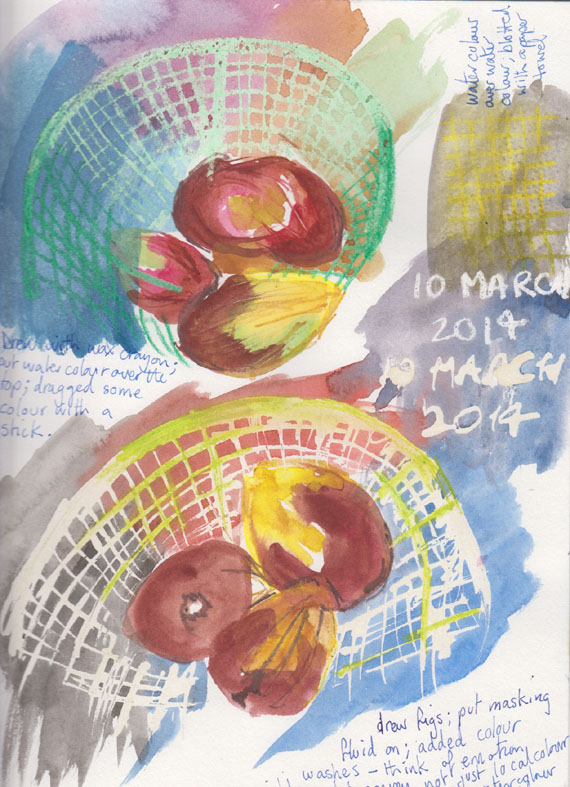 Wax and masking fluid resist with added washes.