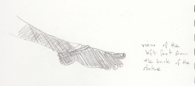 Shiva's raised foot, drawn from the rear of the sculpture, 24 March 2014.