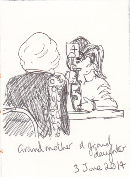 Grandmother and granddaughter at the coffee shop, ball point pen, 3 June 2014.