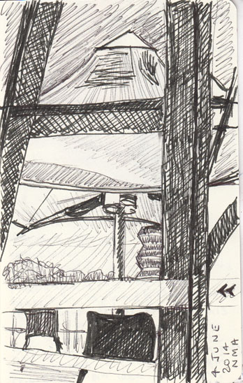Umbrella and a view back towards the city from the National Museum of Australia, pen and ink, ball point pen4 June 2014.