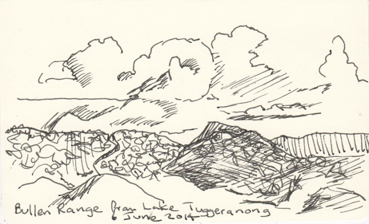 The Bullen Range from Lake Tuggeranong, pen and ink, 6 June 2014.