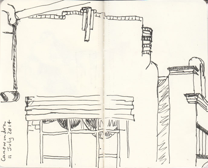 Art Deco building in the main street of Canownwindra, pen and ink 11 July 2014 