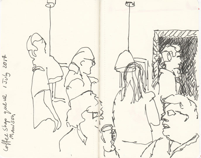 Queueing for coffee, pen and ink,1 July 2014