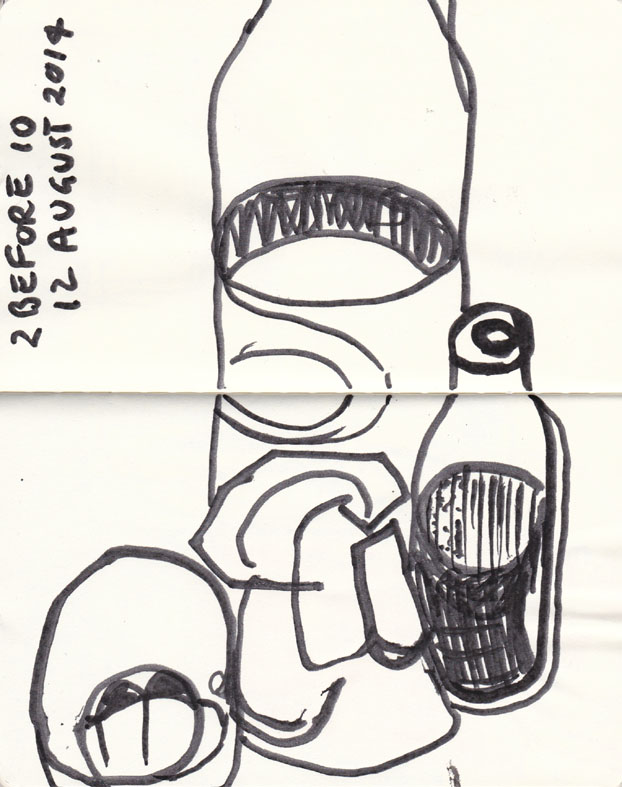 Arrangement of glasses and a bottle of water, acrylic paint marker, 12 August 2014