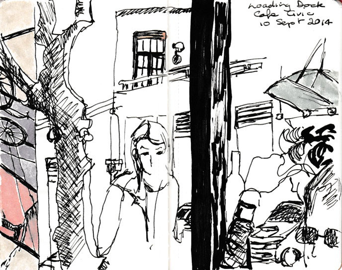 View onto the lane from the Loading Dock Cafe, pen, ink and watercolour, 10 September 2013