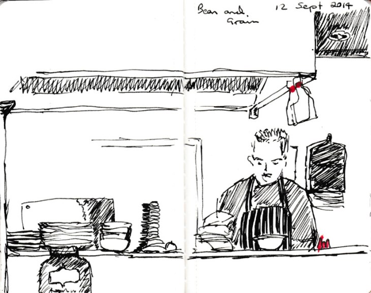 Breakfast at Bean and Grain, pen and ink, 12 September 2014