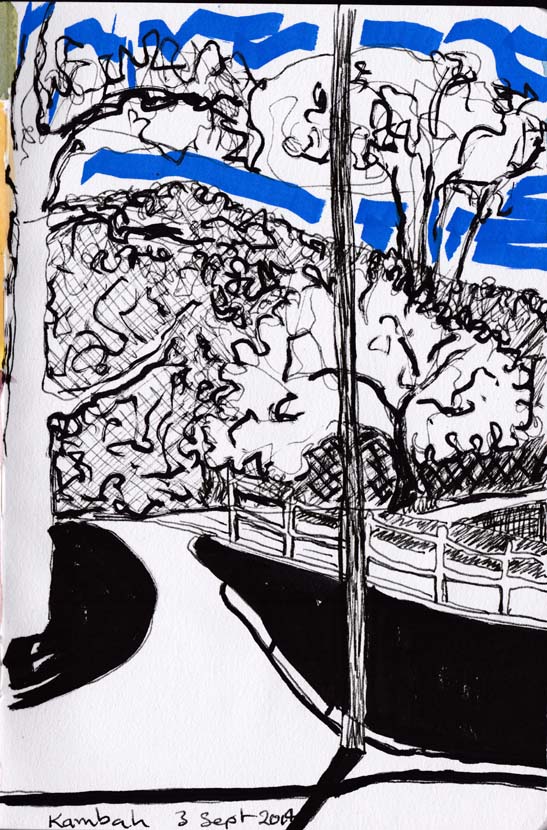 Path and trees, acrylic paint marker, pen and ink, 3 September 2014.
