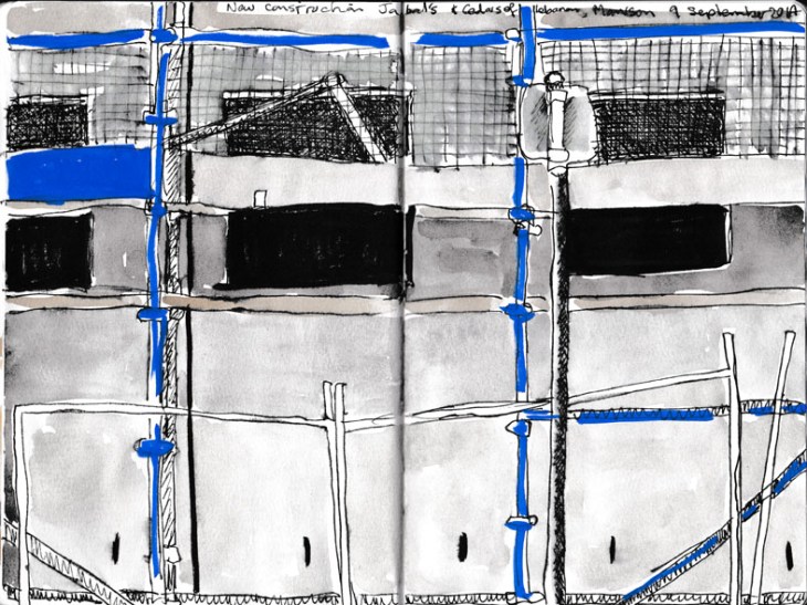 Construction site with scaffolding and safety fencing, 10 September 2014