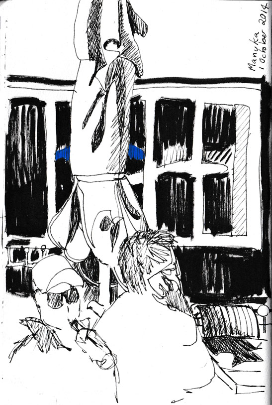 My Cafe at Manuka with umbrella and a man on the phone, pen and ink and acrylic marker, 1 October 2014