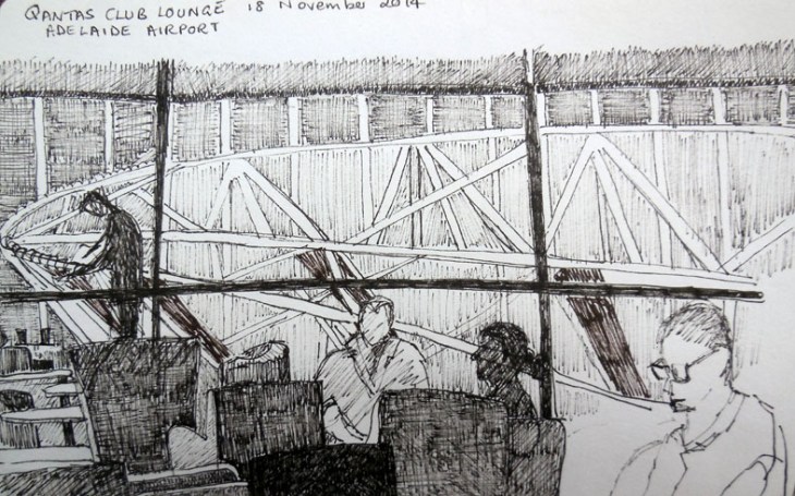 In the Qantas Club Lounge, 18 November 2014, Copic marker and Pit artist pen.