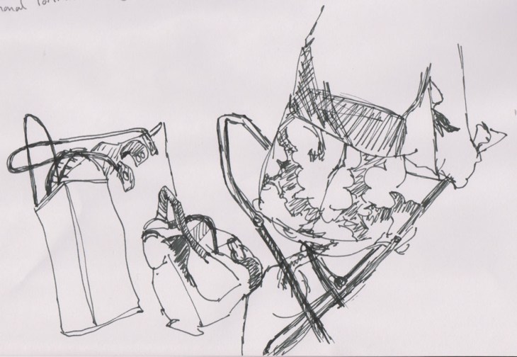 Bags and partial figure, National Portrait Gallery, pen and ink, 30 November 2014