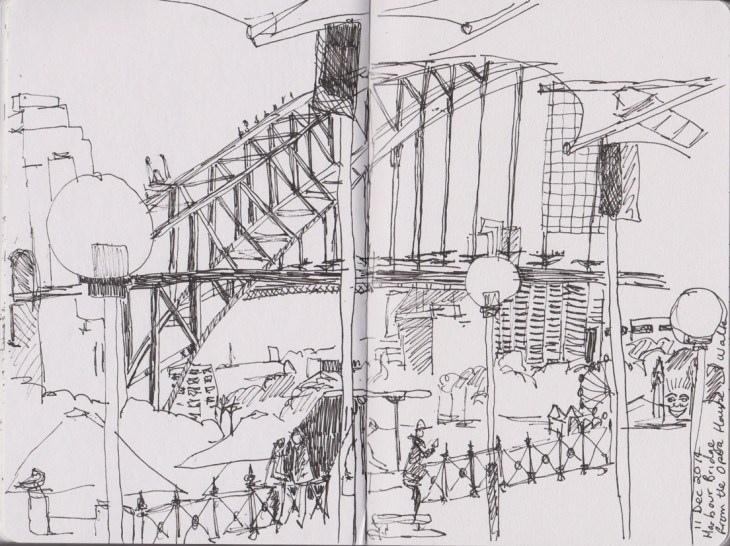 The Harbour Bridge from the Opera Walk, Circular Quay, Sydney. 11 December 2014, Copic Multiliner