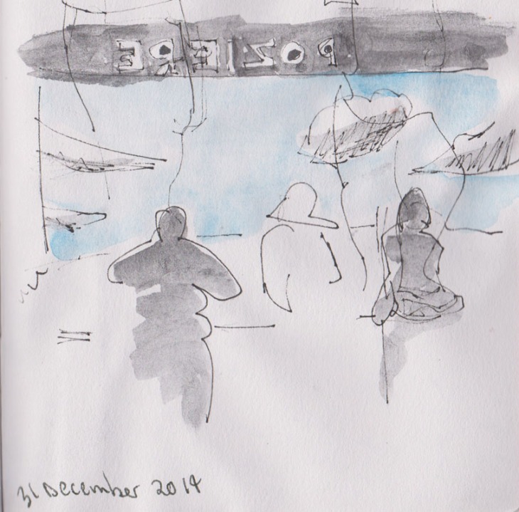 People looking at the Poziere diorama, Australian War Memorial, Copic Multiliner, graphite and watercolour, 31 December 2014