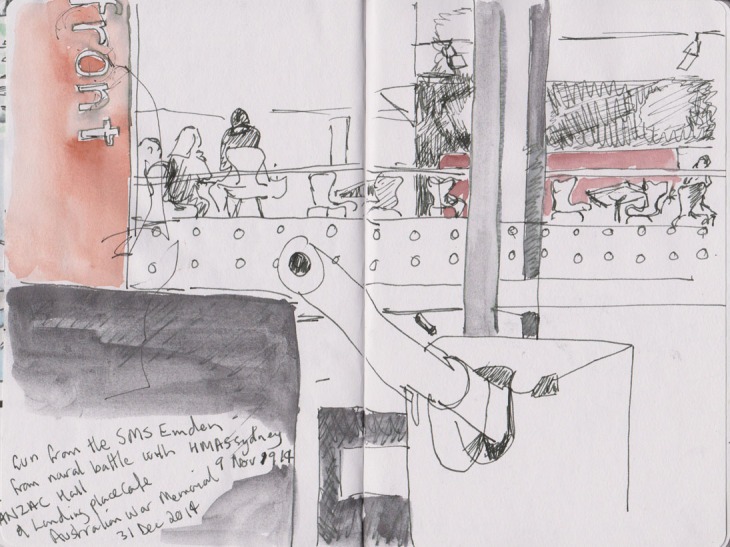 Gun from the SMS Emden and the Landing Place cafe, Australian War Memorial, 31 December 2014, pen and ink, graphite and watercolour.