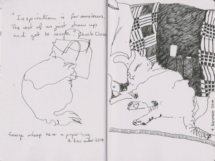 George asleep near a paper bag (left), pen and ink and George asleep against my partner (right), Copic marker