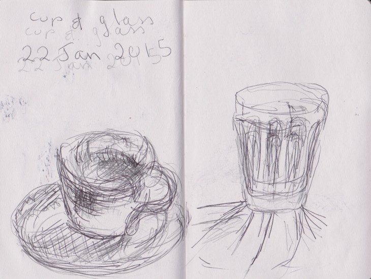 glass and cup, pencil and ballpoint pen, held together, 22 January 2015