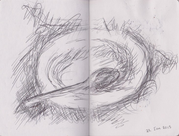 Plate and spoon, ball point pen and pencil, held together, 22 January 2015