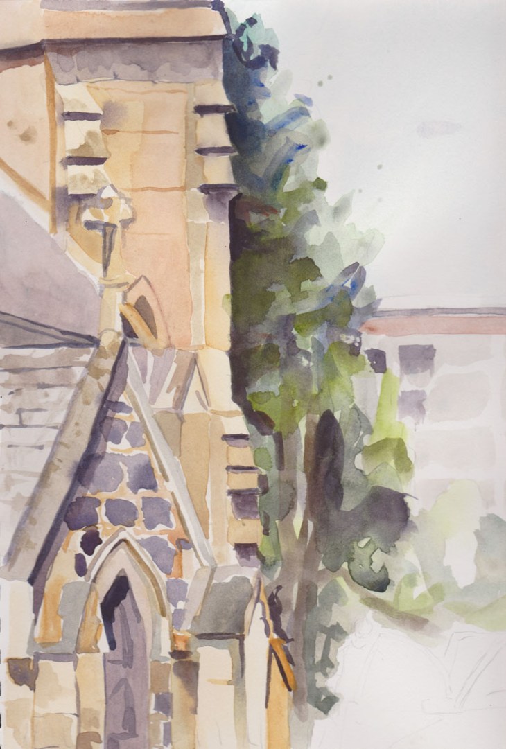 St John's Church, Canberra, from the northern side looking towards the tower on the western end of the building, watercolour, 5 January 2015