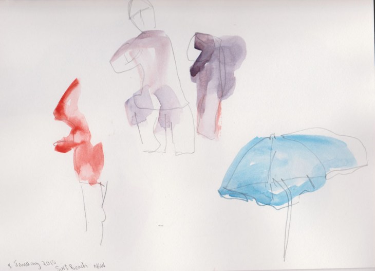 First attempts at capturing quick sketches of people and an umbrella, watercolour and pencil, 8 January 2015