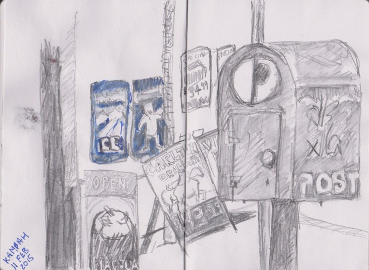 Post box and advertising signs, watersoluble pencil and ink, 11 February 2015