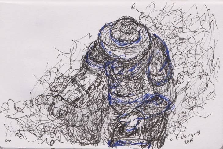 Picking blackberries, pen and ink and Copic Multiliner, held together while drawing, 16 February 2015