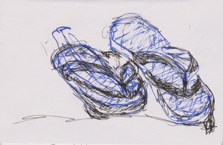 Blue thongs, double pen drawing, 17 February 2015, Surf Beach