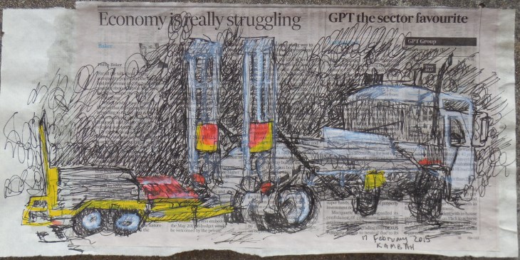 Truck and trailer, pen and ink Copic multiliner, acrylic marker pen and gouache, 17 February 2015