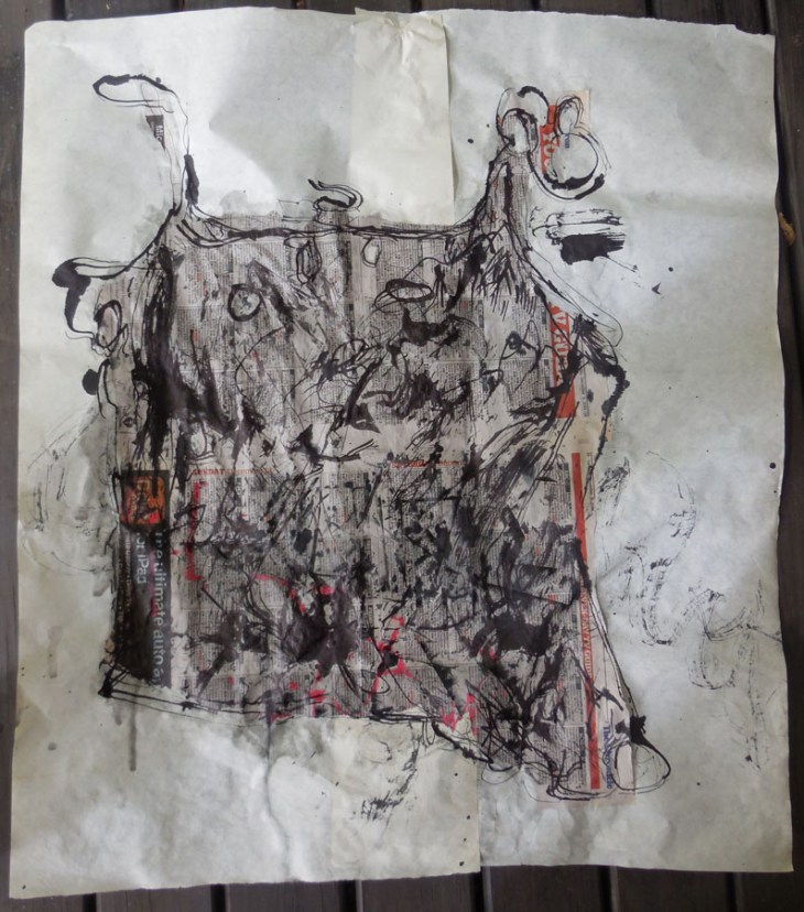 The finished drawing, ink on newsprint and Japanese paper.