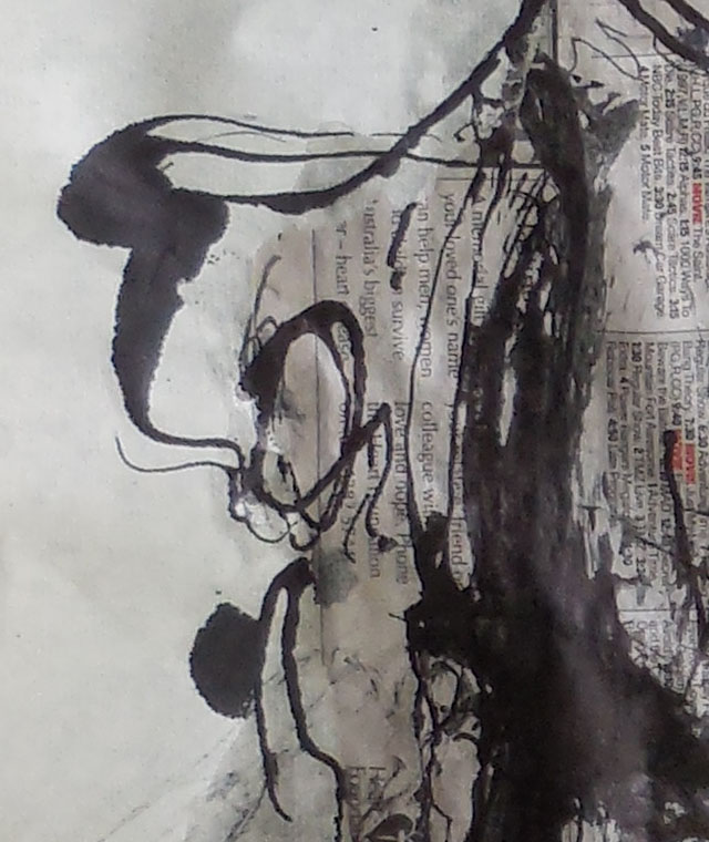 Different textures on paper with and without PVA. The ink blooms on the untreated paper