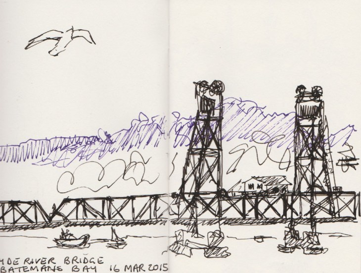 The Clyde River bridge (the other one) at Bateman's Bay NSW, pen and ink, 16 March 2015