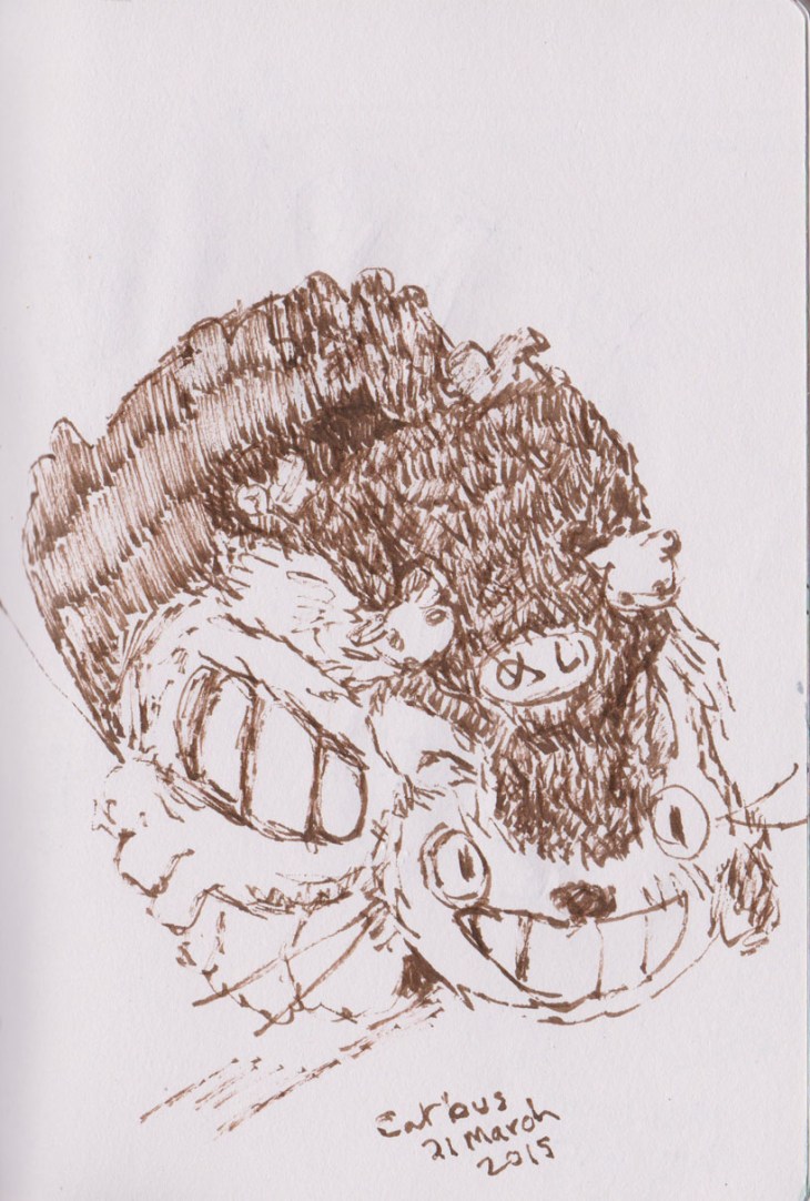 Catbus, (one of my favourite characters fro m the animated film My Neighbour Totoro, Windsor and Newton Calligraphy ink, 21 March 2015