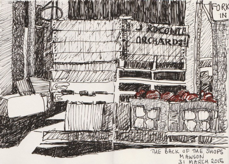 The back of Jabals Halal Market, Mawson ACT, pen and ink, 31 March 2015