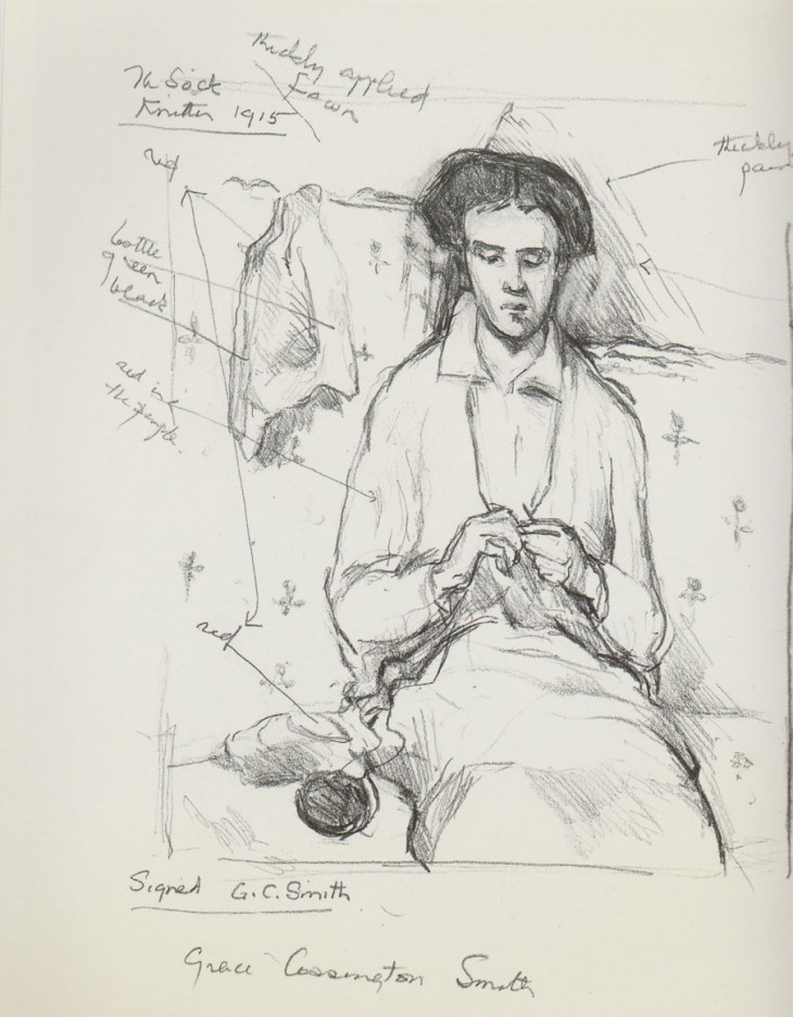 Betty Churcher's drawing of The Sock Knitter by Grace Cossington Smith, 1915 in the collection of the Art Gallery of New South Wales
