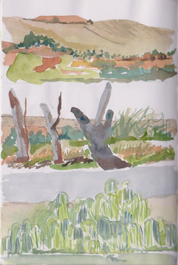 Images of the river in passing, graphite and watercolour, 14-16 April 2015