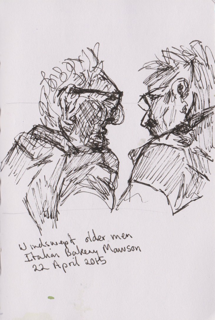 Two old men chatting, pen and ink, 22 April 2015