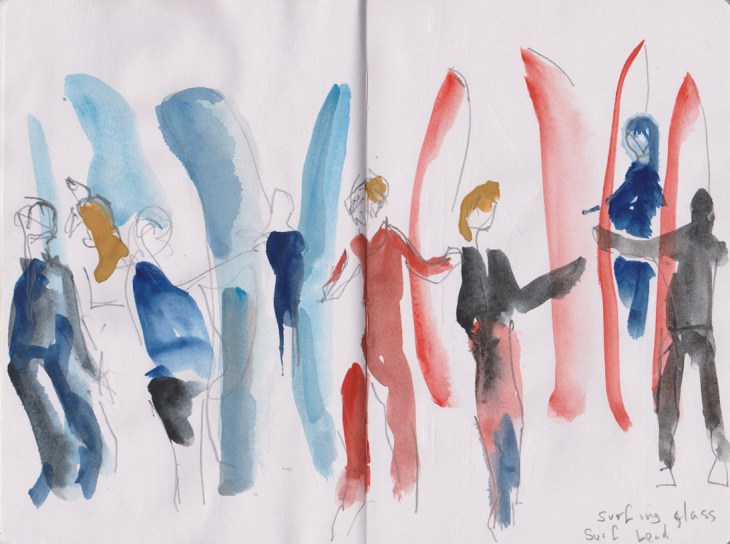 High school students waiting to start their surfing lesson, watercolour and graphite, 27 February 2015