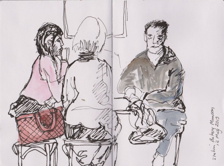 Coffee drinkers at the Italian Bakery, pen and ink and watercolour, 12 May 2015