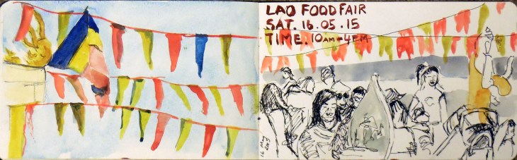 Two views of the flags and people at the Lao Food Fair, watercolour, 16 May 2015