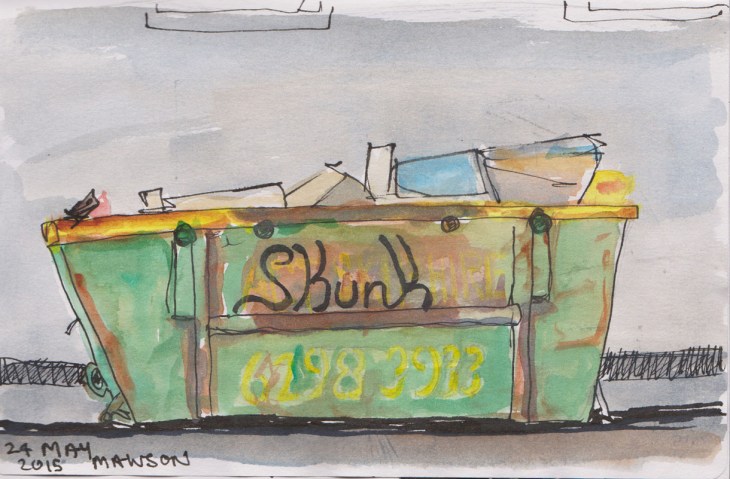Garbage skip, 24 May 2015, watercolour and Copic marker