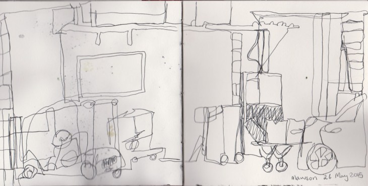 Lots of wheels, pen and ink 26 May 2015