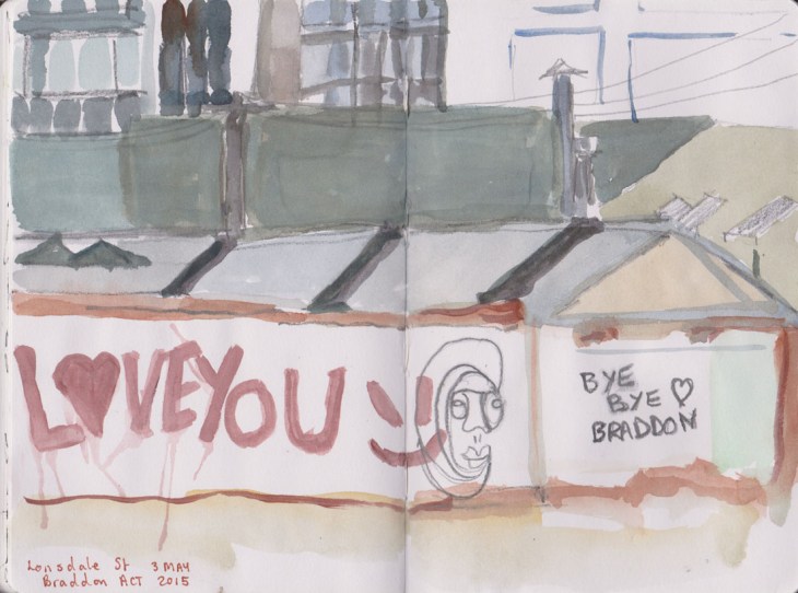 Grafitti, Lonsdale St, Braddon, watercolour and graphite