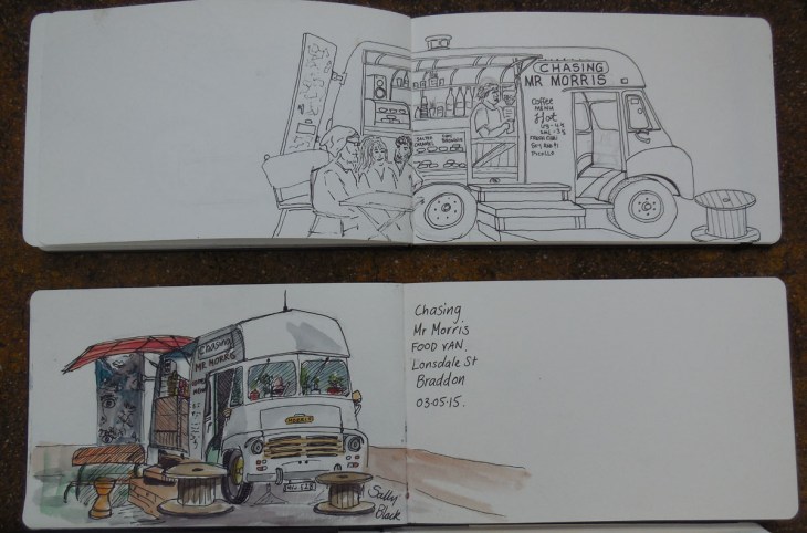 Chasing Mr Morris, food van in Braddon, pen and ink and watercolours, 3 May 2015