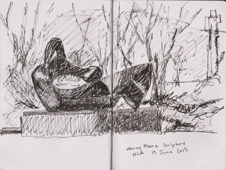 Henry Moore, 1969, Two piece reclining figure, no. 9, outside the National Library of Australia, pen and ink, 19 June 2015